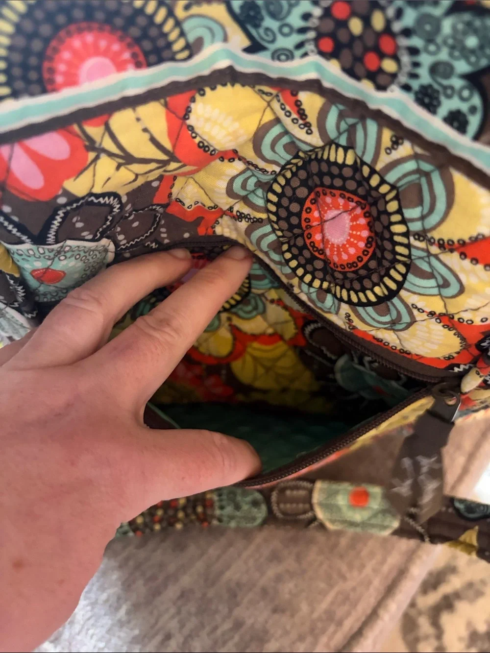 Vera Bradley Quilted Floral Tote in Coral, Teal, Yellow & Brown